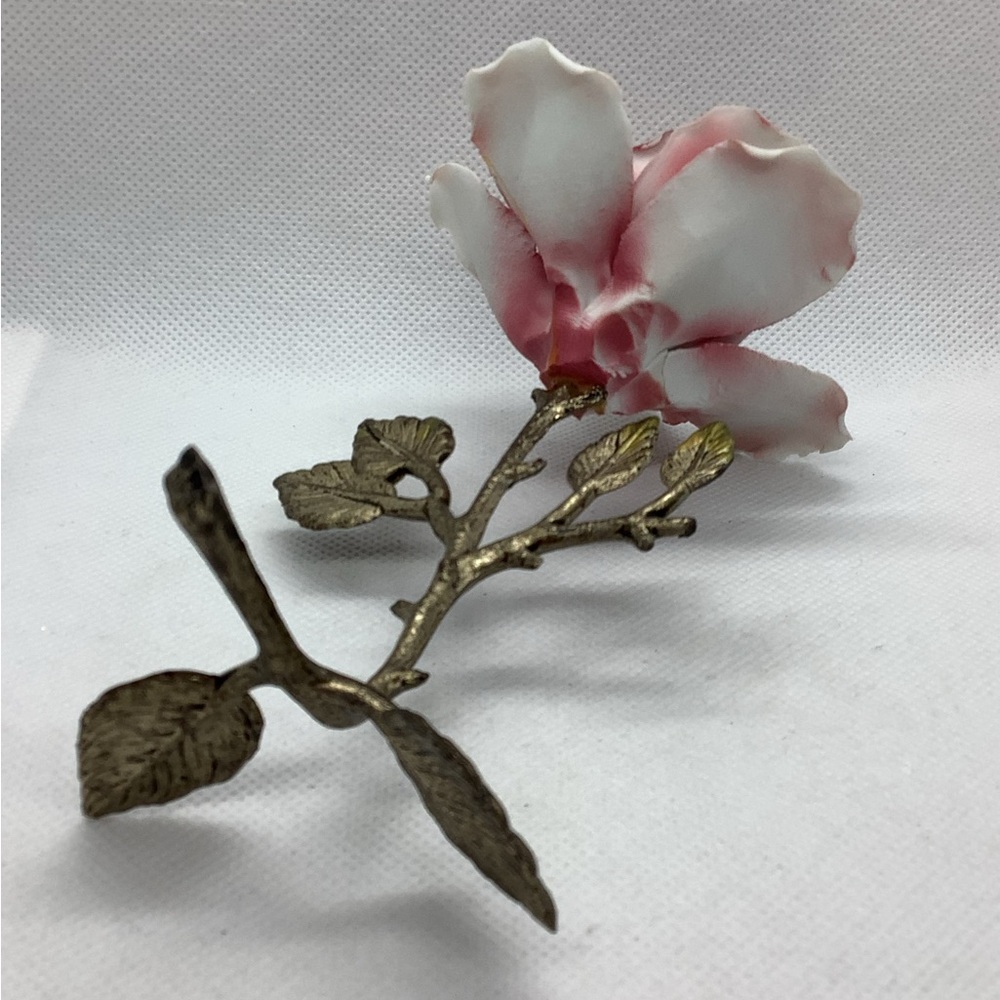 Vintage Capodimonte Ceramic Pink Rose Metal Stem Brass Porcelain 6” - Picture 3 of 7